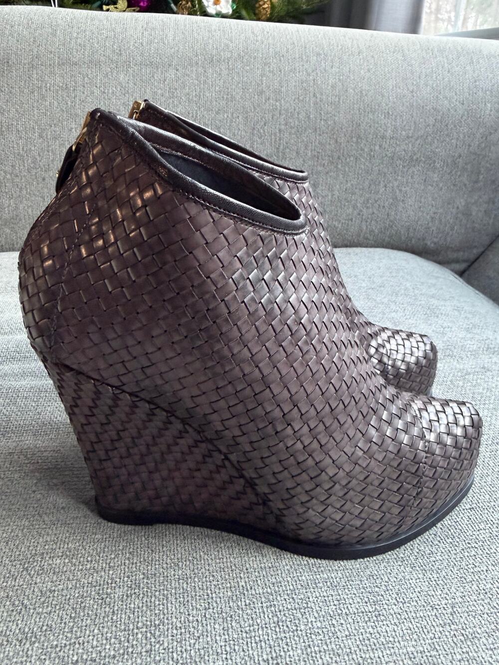 TwinSet Woven Wedge Leather Bootie Taupe Grey Women's Sz 39 US 8.5/9